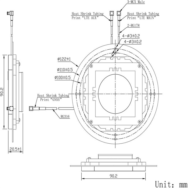 GNSS Surveying And LTE MIMO Combination Antenna dimension drawing